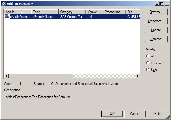FIGURE 7 THE ENTERPRISE GUIDE ADD-IN MANAGER DEPLOYING THE ADDIN After you have tested the Addin and are happy that not only does it present a clean and error free interface but also that it