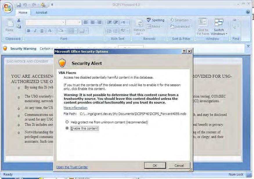 Pressing the Options push button will display another Microsoft Access 2007 security dialog (Figure 4).