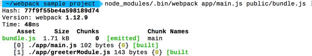 Running Your First Build The basic command line syntax for webpack is webpack entry file destination for bundled file.