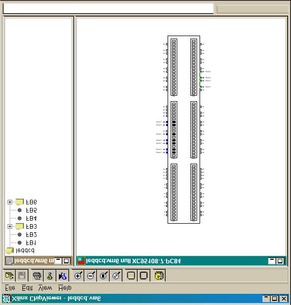 The ChipViewer window will appear containing two panes: 1. The left-hand pane lists the LED decoder inputs and outputs assigned to the various function blocks in the XC95108 PC84 CPLD. 2.