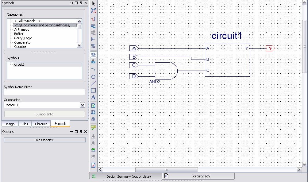 The following figure shows our completed example of using a macro symbol to build the overall circuit Y<= (A B) + (C D): Using this method, you can create complex circuits by adding any components