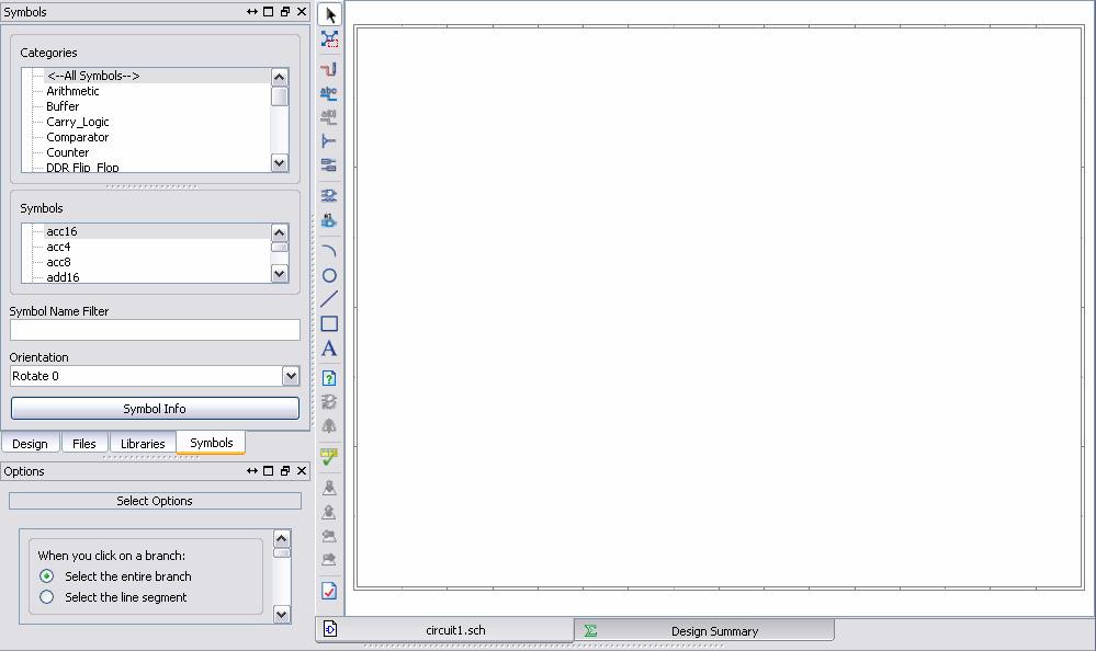 Schematic Editor Window Once you have created the new schematic file you can see it in the Sources panel.