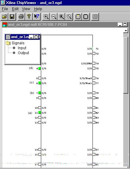 Drag input symbols : A,B,C,D,E,F to I/O pins: 11,7,6,4,3,2 and output symbols: X,Y to I/O pins 44,35 After completing this step you should see following window: Exit PIN ASSIGNMENT CHIP VIEWER.