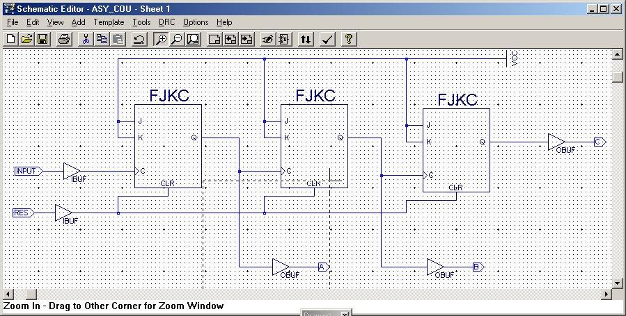 PROCEDURE: 1. Following a described in the previous experiment -Create new project: ASY_COU create the schematic in Schematic Editor Assign the inputs INPUT and RES to pins 74 and 72 respectively.