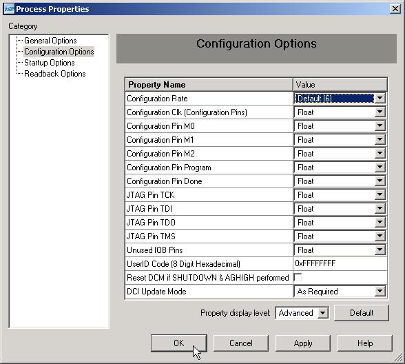 Next, click on the Configuration Options tab and disable all the internal pull-up and pull-down