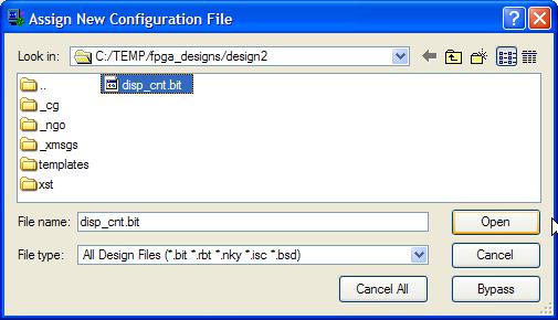 The Assign New Configuration File window now appears. Now you need to tell impact what bitstream file to download into the FPGA. Go to the tmp\fpga_designs\design2 folder and highlight the disp_cnt.