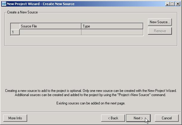 Click the Next button in the following two windows for creating or adding source files.