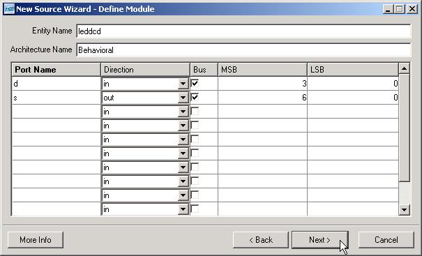 The Define VHDL Source window now appears where you can declare the inputs and outputs to the LED decoder circuit.
