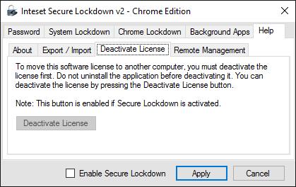 Deactivate License Under this section, you will be able to deactivate the Secure Lockdown license in order to move it to a different computer.