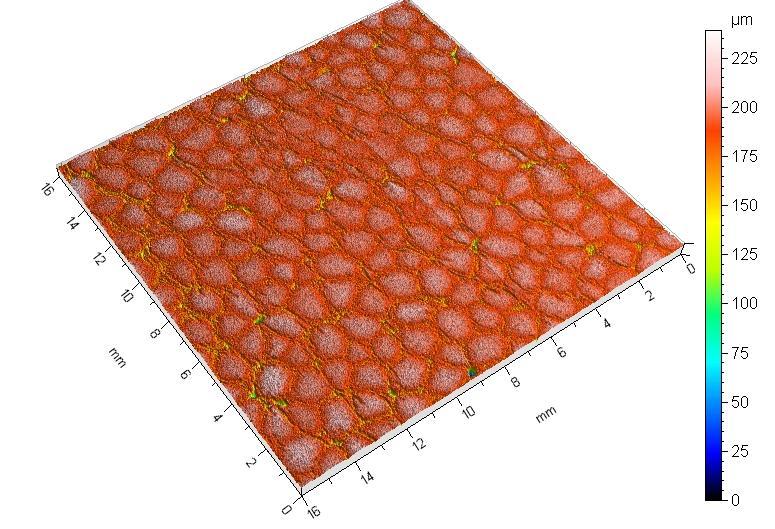 3D Surface Boundary Measurement By using the 3D topography data obtained, the volume, height, peak, aspect ratio and general shape information can be analyzed on each grain. Total 3D area occupied: 2.