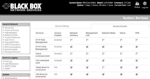 Figure 3. System: Services screen. Note: The LES1508-A Value-Line Console Server comes with a second network port (ETH2).