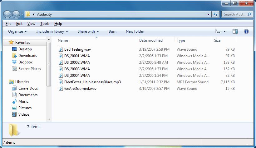 Gathering Materials Gather all of the files you are planning to use in your project and put them in one folder. Audacity links to sound files used in a project.