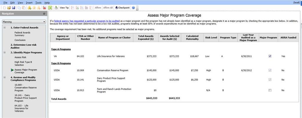 ASSESS MAJOR PROGRAM COVERAGE Assess Major Program Coverage Select the check box
