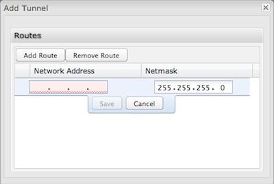 Adding routes allows you to configure what types of network traffic from the local host or hosts will be allowed through the tunnel. Click Add Route to configure a new route.