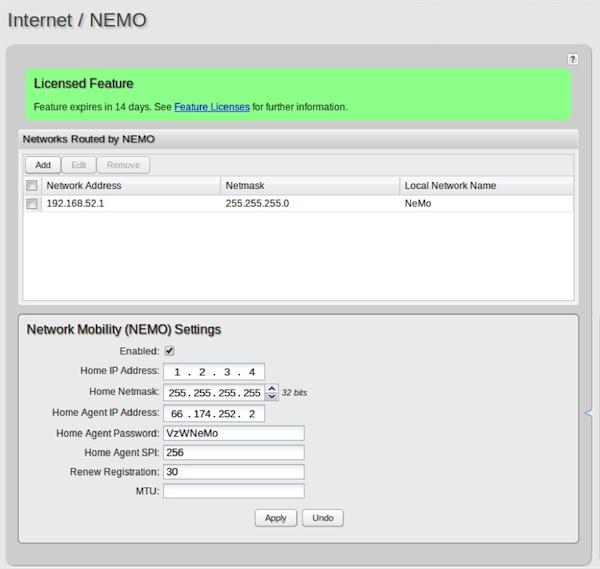 Once you have a NEMO service provider and a valid feature license, add networks to the Networks Routed by NEMO section by first clicking Add.