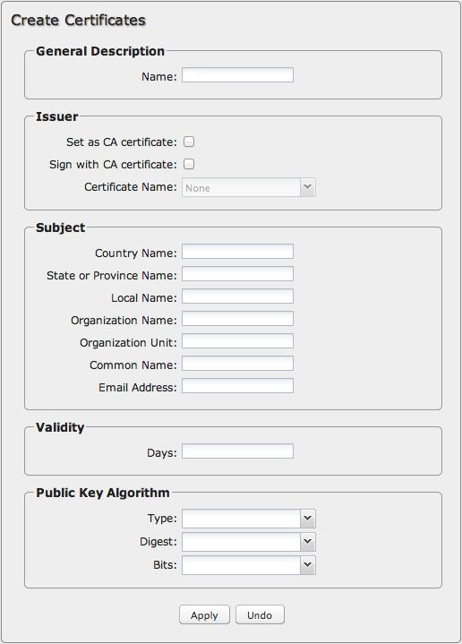 General Description Issuer Name: Choose a name meaningful to you. Set as CA certificate: Select if the certificate you are creating is intended to be a CA.