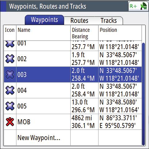 Creating/Editing Waypoints 1. Press the MOB key momentarily, L/L of vessel will be saved in the next vacant waypoint. 2.