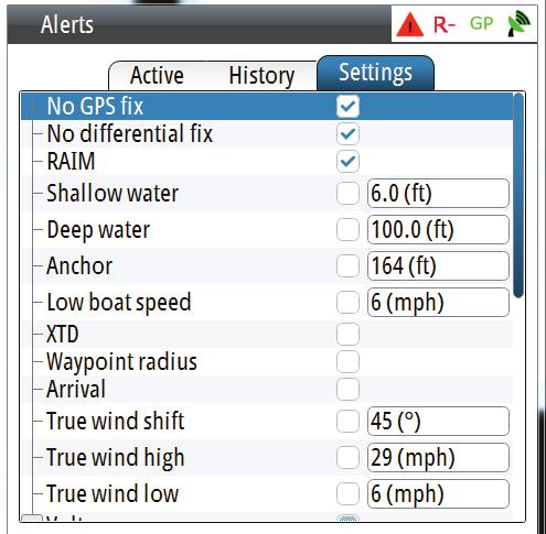 Alerts Alarm Settings dialog screen List of alert messages (Type A = Alarm, Type W = Warning) Alarm/Warning Type Trigger Condition No GPS Fix A No position fix available from the smart antenna No