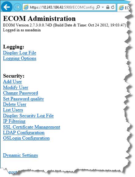 Figure 27. ECOM configuration control station URL Click Dynamic settings on the ECOM Administration Page, and locate the setting for SSLClientAuthentication, as shown in Figure 28.