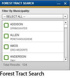 Map Tools and Widgets The Forest Tract Search is a scrollable alphabetical list of the Forests by name. To filter the list by area use the Municipality drop down at the top of the widget.