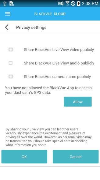 5. Go back to the Firmware settings menu, tap and tap Save and close. Cloud access and storage information You can check your current usage in Account info. 1. Login to the BlackVue C app. 2.
