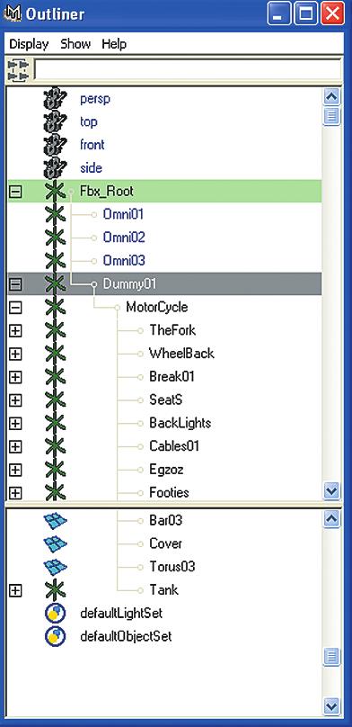 Selecting Objects 11 The Outliner Another way to select objects and manage hierarchies is with the Outliner. The Outliner presents all the items in the scene as a hierarchical list.