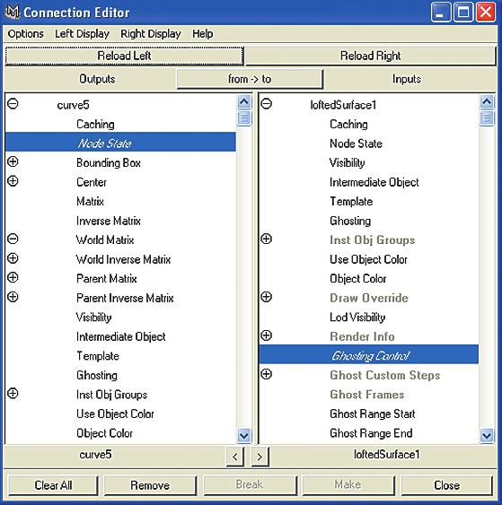 16 1. Introduction to Maya The Connection Editor You use the Connection Editor (choose Window General Editors Connection Editor) to connect attributes. It is divided into two vertical panes.