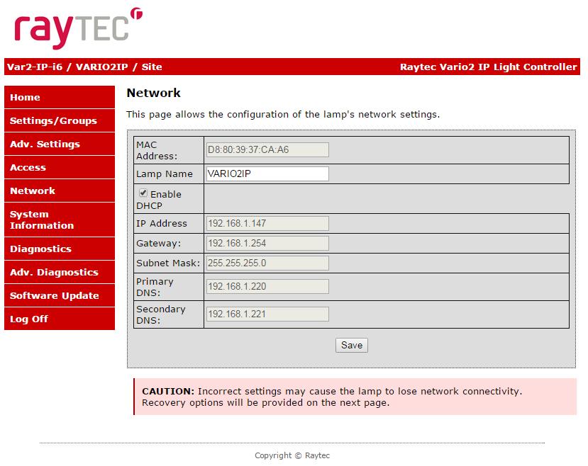 Network This page allows the configuration of the illuminators network settings. The MAC Address is a unique identifier and cannot be changed The Illuminator Name can be changed on this page.