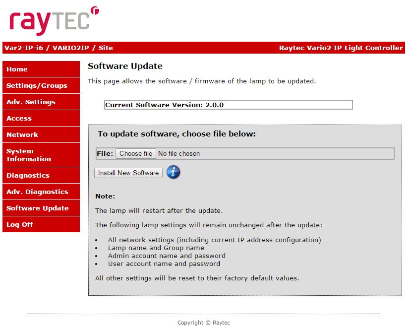 Software Update This page indicates the current version of the software / firmware and also enables the software / firmware to be updated over the network.