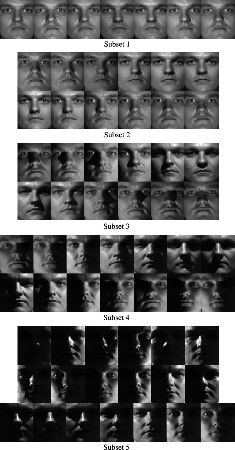 Normalized logarithm images with different D : (a) original image; (b) D =3; (c) D =6; (d) D =15; (e) D =20; (f) D =35; and (g) D =50. Fig. 4. Sample images of an individual divided into five subsets.