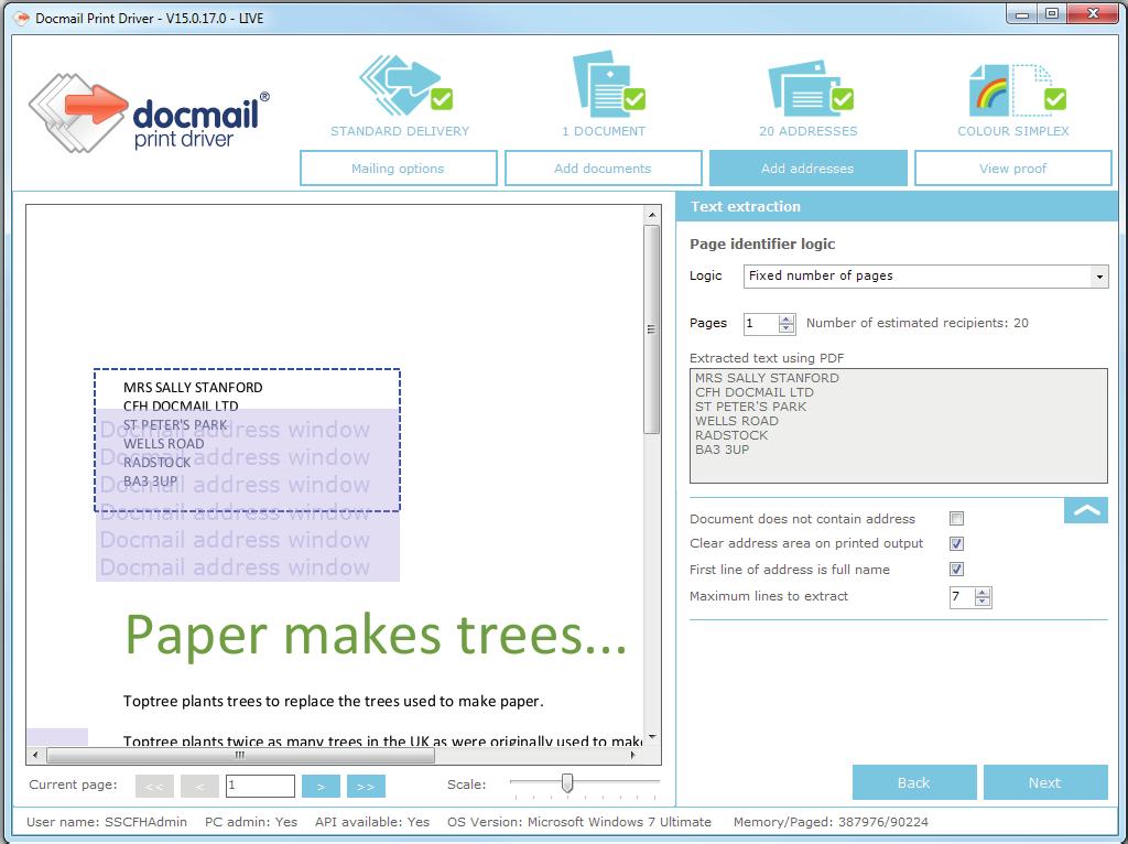 Extract addresses If your document already includes the address Docmail can extract the address and print it in the correct position for a standard envelope or ready to print it on the outer envelope.