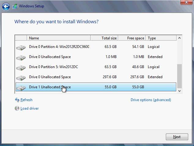 6. Choose iscsi target drive to install Windows and follow the instructions presented by the installation Wizard.