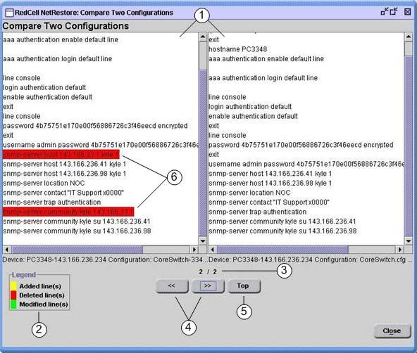 Figure 10. Comparing two PowerConnect 3348 configuration files Note: The snmp-server host 143.166.23.1 kyle 1 and snmp-server community 143.166.23.1 entries were removed from the CoreSwitch.
