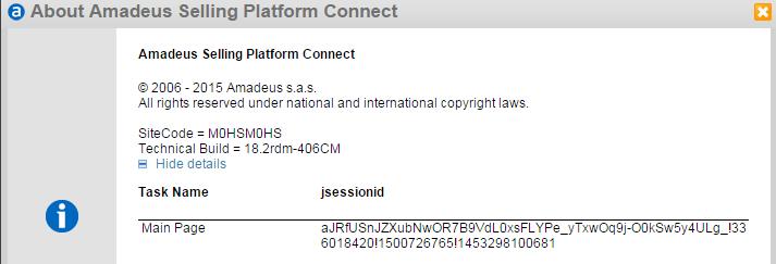 If you are using the Graphic Pages, go to the top menu and click Help > About Amadeus Selling Platform Connect, expand by clicking See Details Copy the jsessionid Code and paste into the case logging