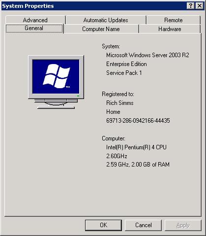 The Host computer supporting all these VMs had a single 2.6 GHz Pentium 4 CPU with 2 GB of RAM installed as shown in the following System Properties summary.