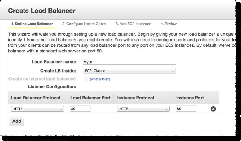 For more information about elastic load balancers, go to the Elastic Load Balancing Documentation. To create a load balancer 1. Define a load balancer.