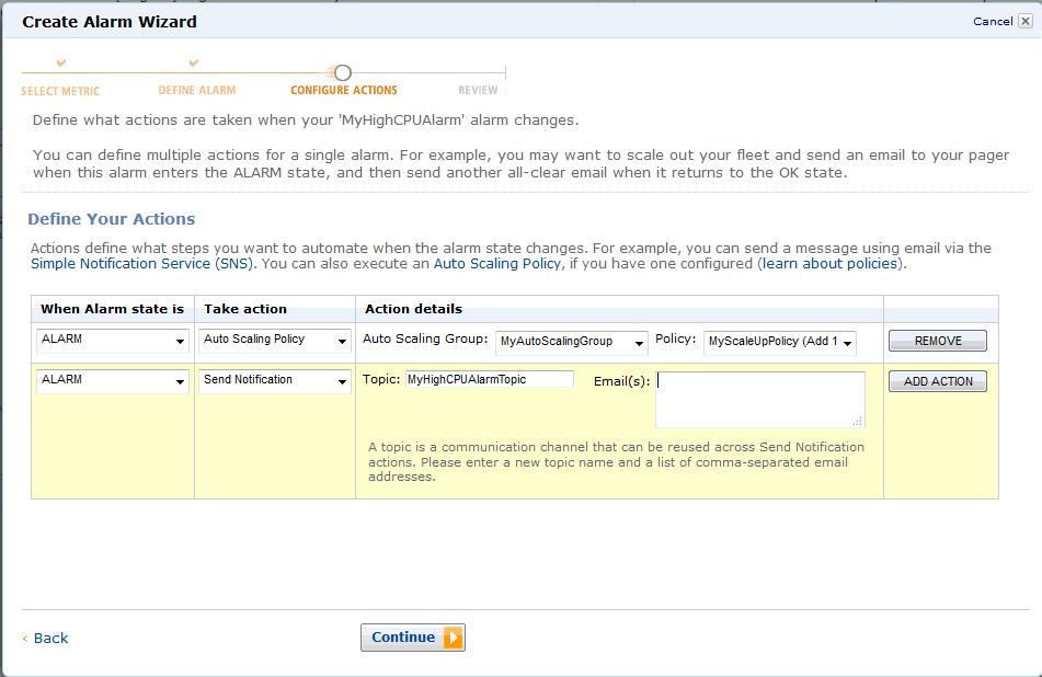 Step 9: Create a CloudWatch Alarm i. Type an email address in the Email(s) box. j.