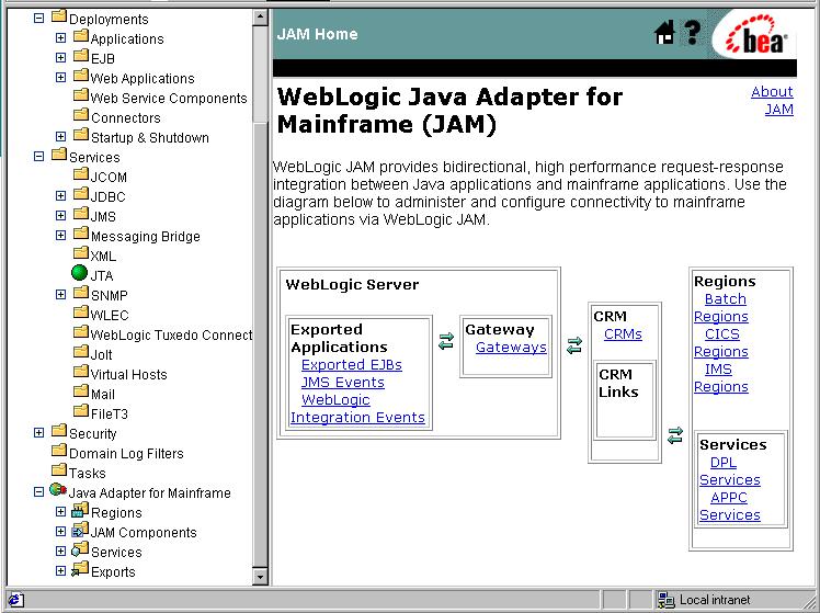 1 BEA WebLogic Java Adapter for Mainframe Introduction Figure 1-4 WebLogic JAM Administration Console To use the console to configure or administer the WebLogic JAM product, select an item in the