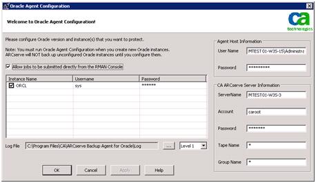 Configure the Agent for Oracle Enable Submit Job from RMAN Console The Arcserve Backup Agent for Oracle provides File-Based Mode backup and restore and RMAN Mode backup and restore.