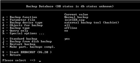 Log onto SAPDBA. The SAPDBA main screen opens. 2. Enter h Backup database.