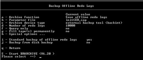 SAPDBA Back Up Offline Redo Logs You can use the following procedures to back up offline redo files. To back up offline redo logs 1. Log onto SAPDBA. The SAPDBA main screen opens. 2.