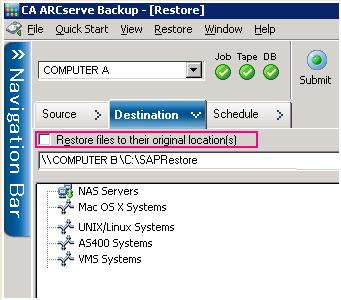 On the Restore Manager on Computer A, select Source, Restore by Session, and select the session, backed up in the step 8, containing the