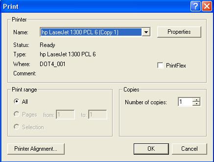 65 4. The standard Windows Print interface appears, allowing you to set sheet alignment. Figure 99: Print interface and Printer Alignment 5.