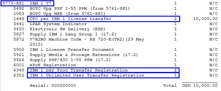 A portion of the configuration output showing new software orders pertinent to our example is shown below. Notice that the IBM i order is for 5770-SS1, because e-config upgraded the 6.