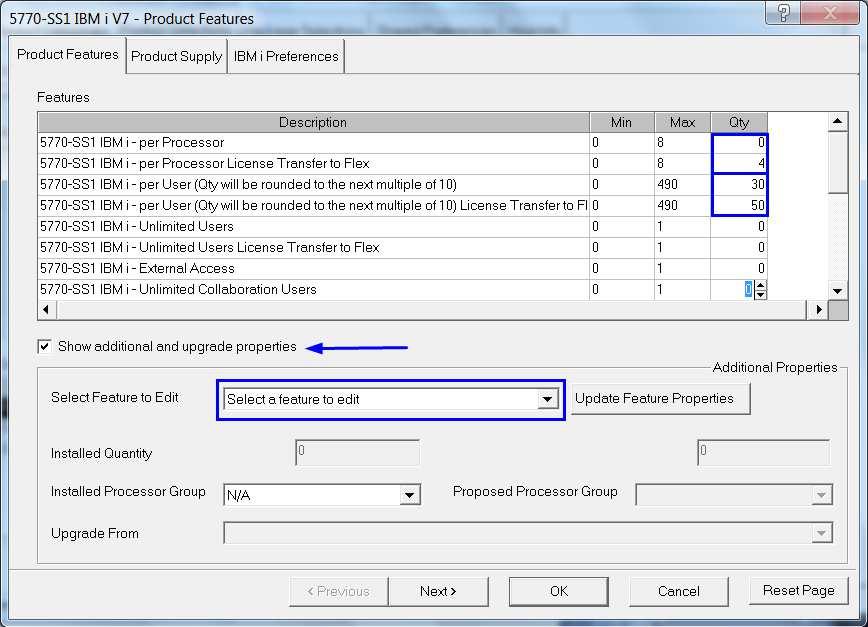2. Select the IBM i per Processor License Transfer feature to edit and set the Installed Processor Group to P10.