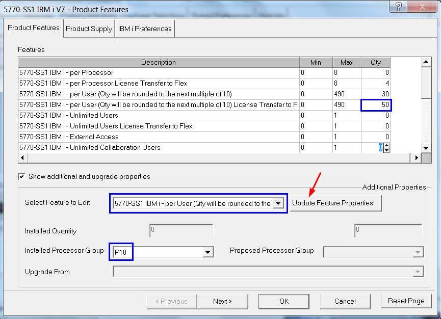 3. Next select the IBM i per User License Transfer feature to edit and set the Installed Processor Group to P10.