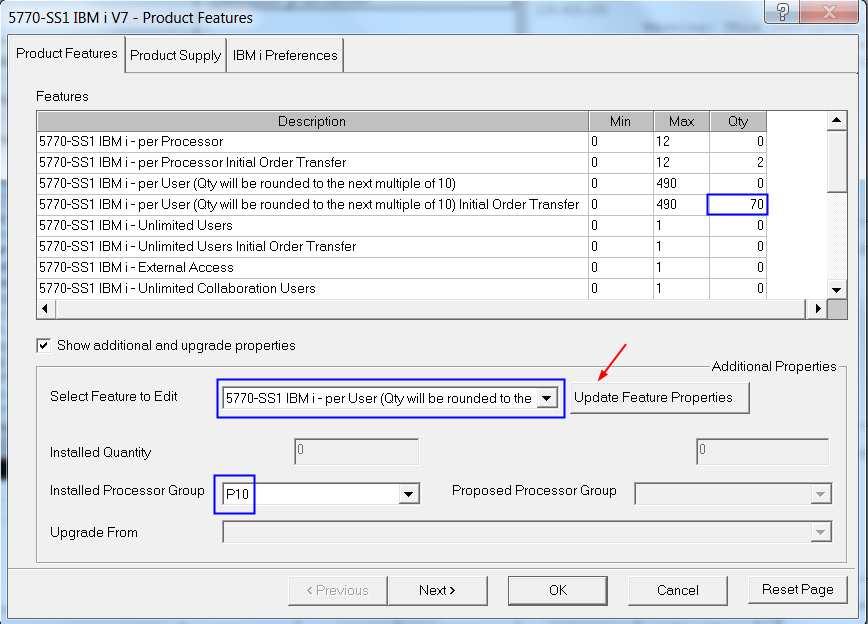 3. Next select the IBM i per User Initial Order Transfer feature to edit and set the Installed Processor Group to P10.