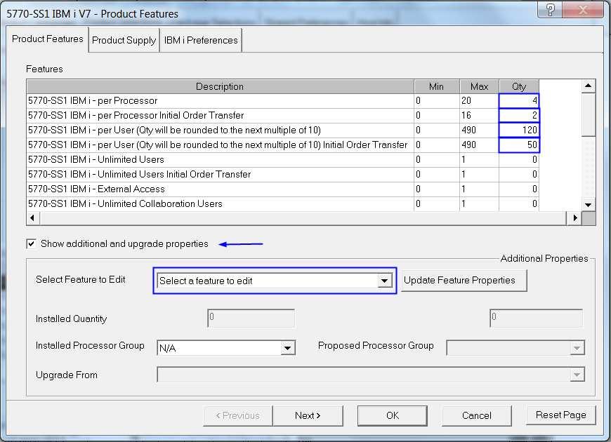 2. Select the IBM i per Processor Initial Order Transfer feature to edit and set the Installed Processor Group to P05.