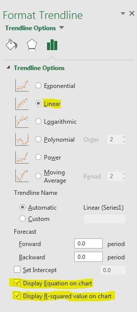 This will get you the Format Trendline menu on the right side and the Trendline Options.