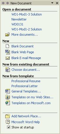WD 20 Microsoft Word 2002 Figure 1.20 New Document task pane You click this link in the next step. 2. Move the mouse pointer over the Blank Document hyperlink.
